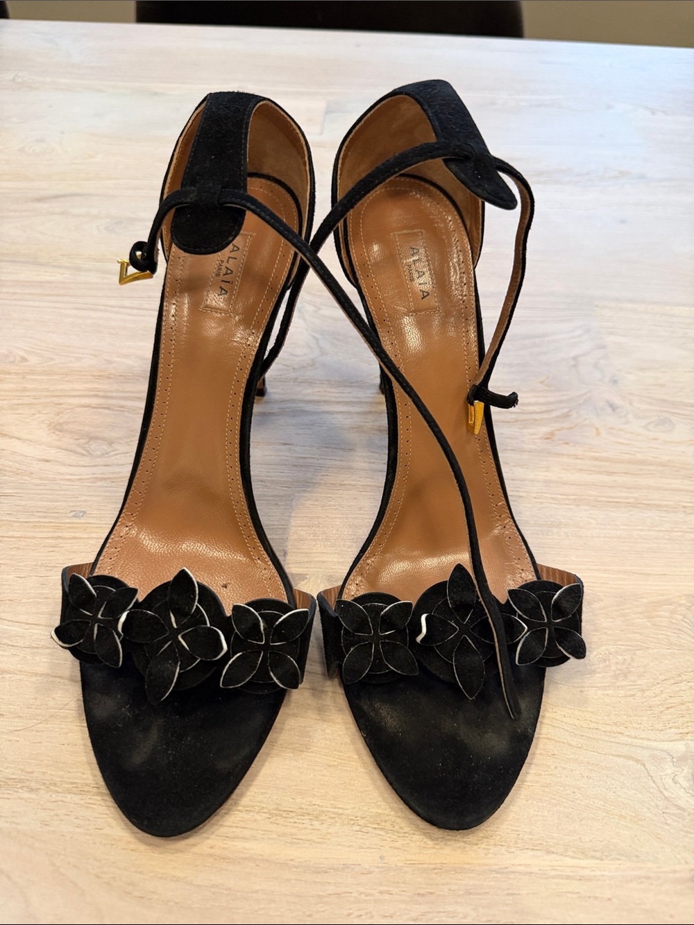 Alaia Black Suede Floral Ankle-Strap Heels